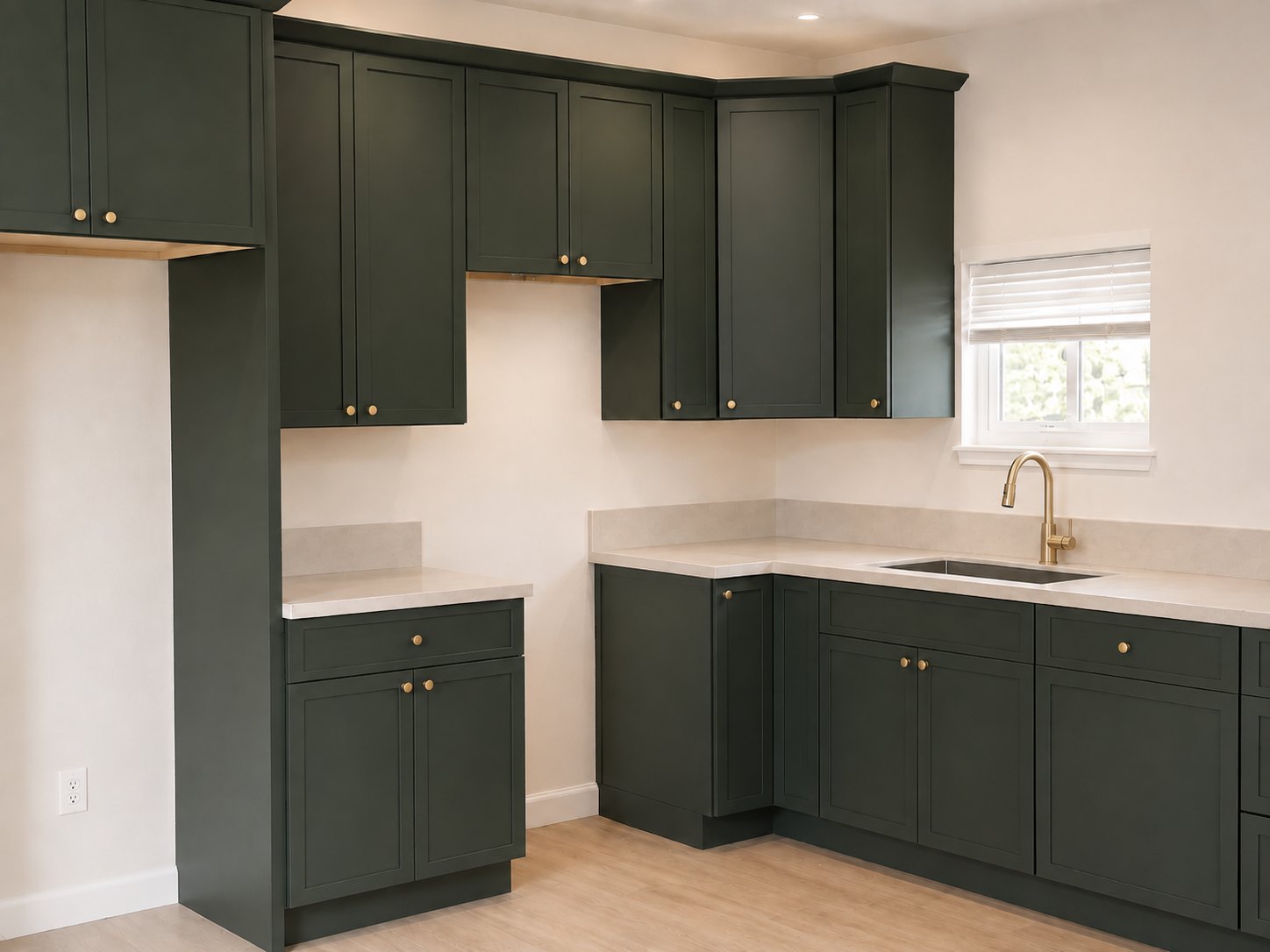 Completed kitchen with deep green cabinets and brass hardware