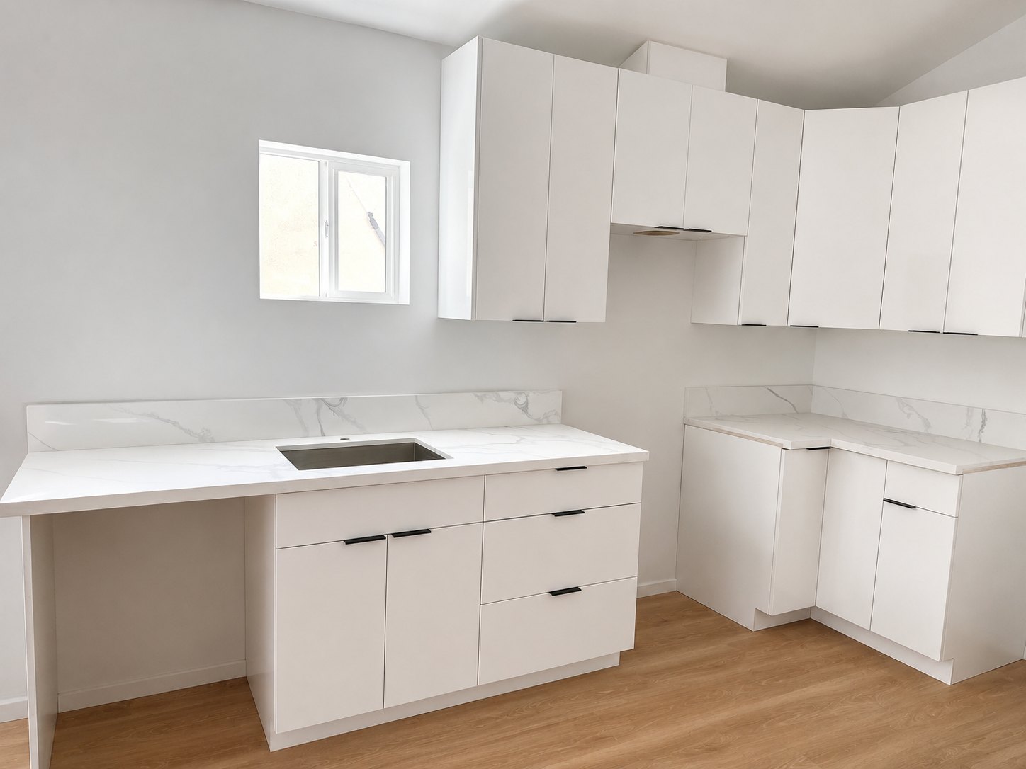 Oxford Glossy White frameless kitchen with black hardware