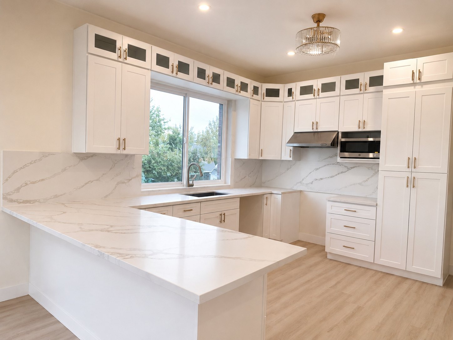 Completed White Shaker kitchen with glass accent cabinets and quartz surfaces
